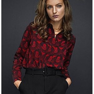 Flowy Button Up Dress Shirt Victorian Queen Printed Recycled Polyester Red